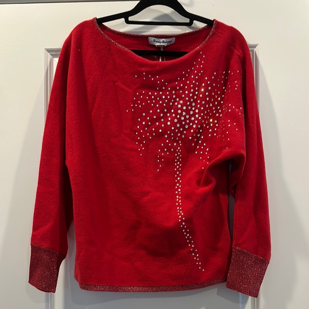 Tommy Bahama Red Sweater with Rhinestone Design, new with tags, Size XS